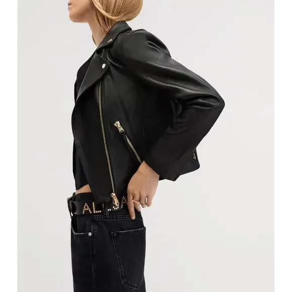 AllSaints Dalby Slim Fit Leather Biker Jacket Black/Gold - Picture 3 of 13